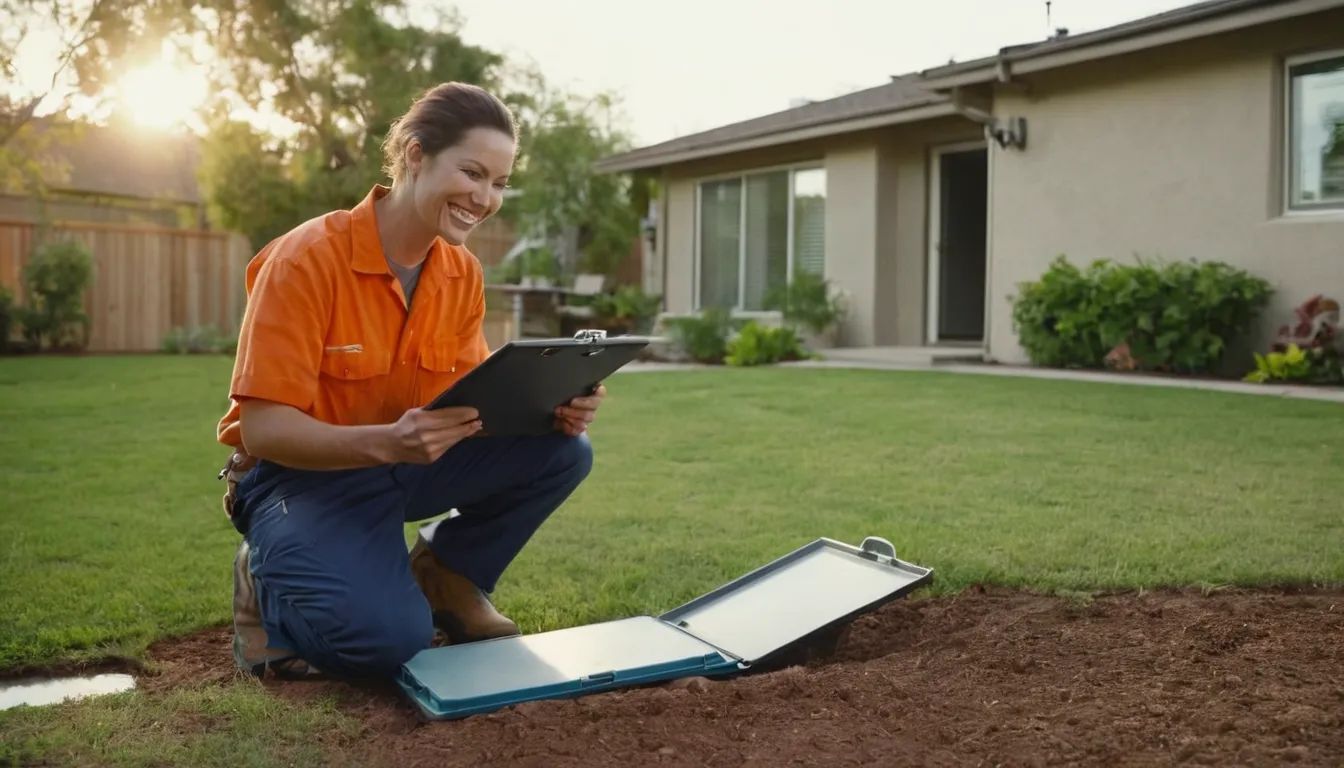 Friendly septic provider explaining a repair plan to a homeowner in a backyard in San Diego