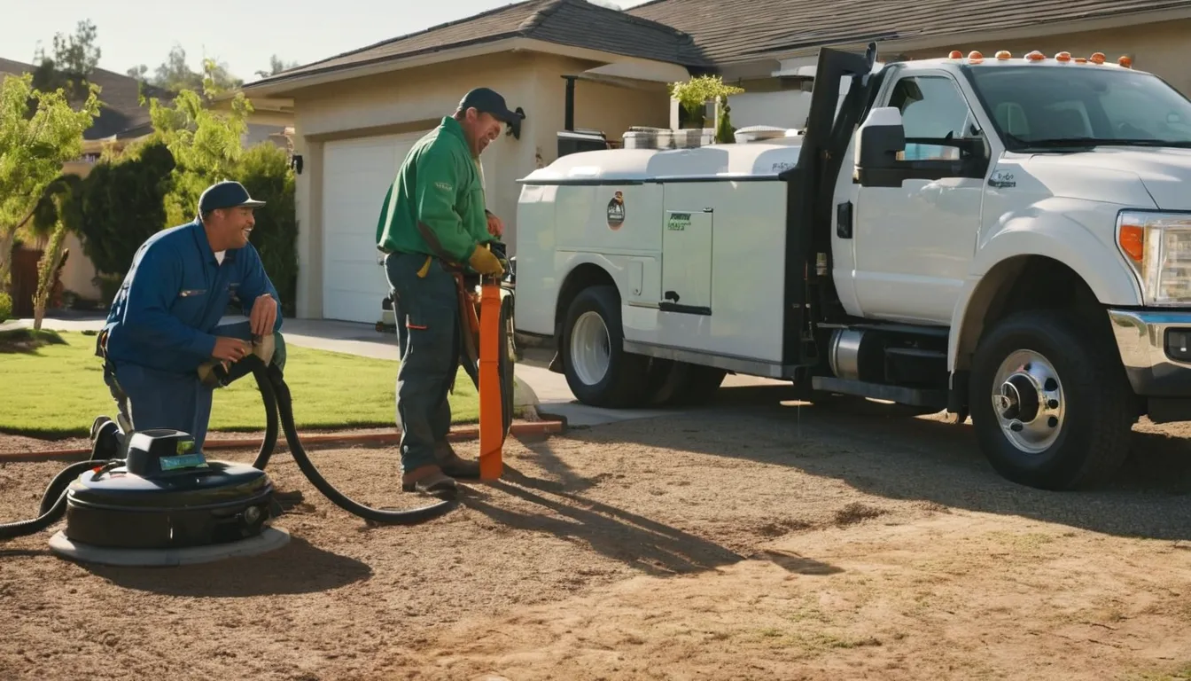 Friendly septic provider and homeowner reviewing a pumping truck hose near a tank lid outside a stucco ranch home in San Diego