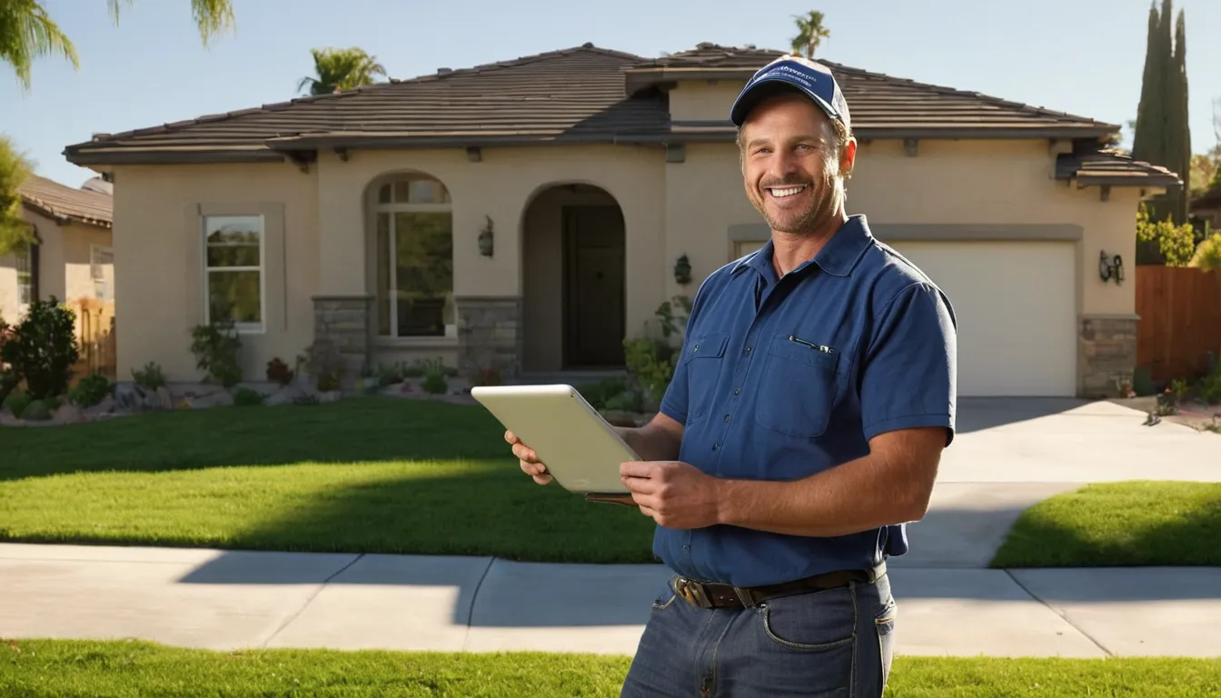 Friendly provider showing a homeowner a camera inspection screen near a stucco ranch home in San Diego
